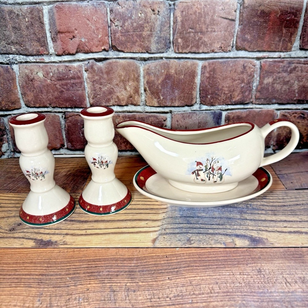 Royal Seasons Stoneware Christmas Snowman 4 Pc Set‎ Gravy Boat Candlesticks BOX